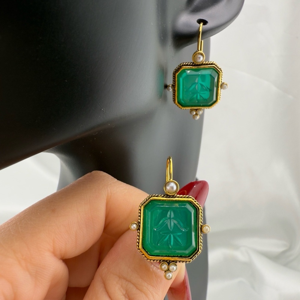 Anthropologie Elegant Green and Gold Earrings With Pearl Accents